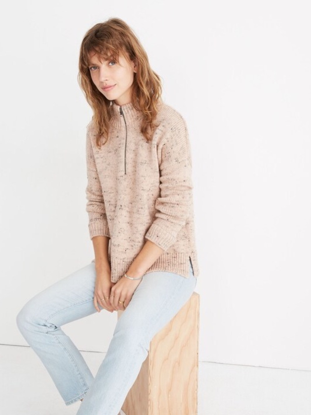 Madewell Speckled Half-Zip Turtleneck Sweater - Light Beige